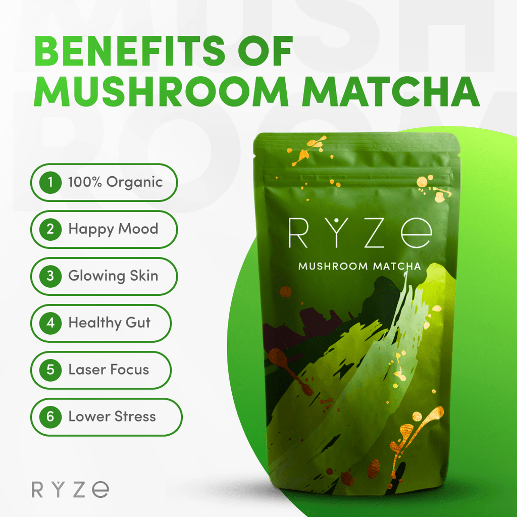 RYZE Mushroom Matcha - with 6 Organic Adaptogenic Mushrooms Grown In USA and Ceremonial-Grade Japanese Matcha