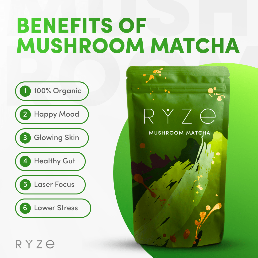 RYZE Mushroom Matcha - with 6 Organic Adaptogenic Mushrooms Grown In USA and Ceremonial-Grade Japanese Matcha
