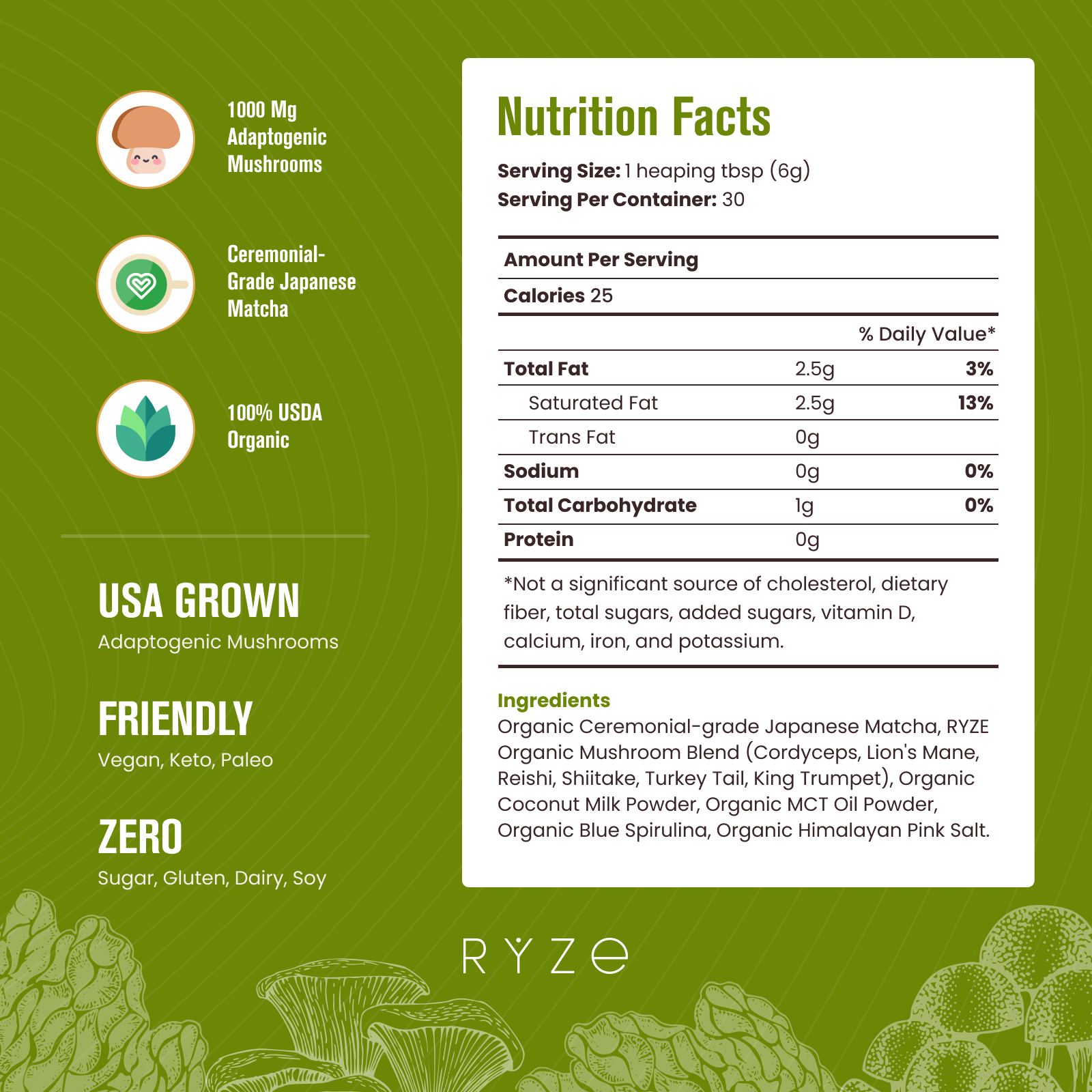 RYZE Mushroom Matcha - with 6 Organic Adaptogenic Mushrooms Grown In USA and Ceremonial-Grade Japanese Matcha